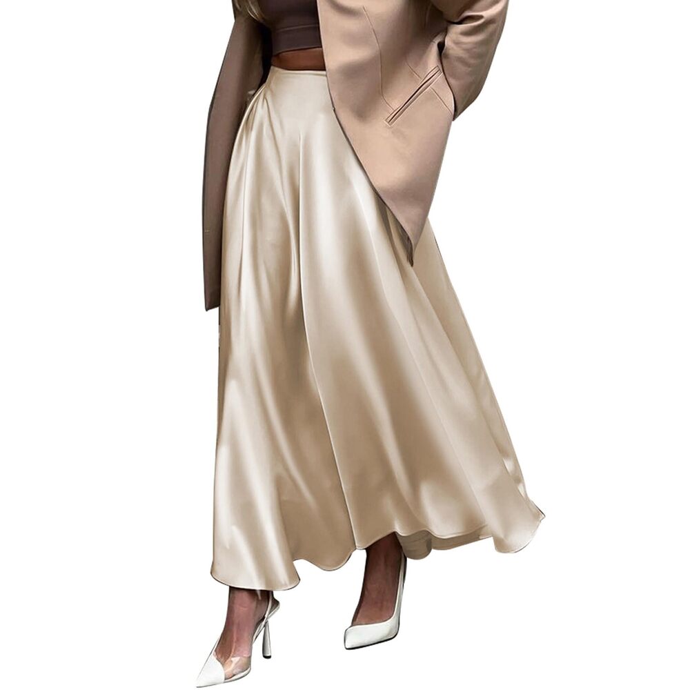 1443 Champagne Maxi Satin Skirt High Waisted, A-Line, Trendy Plus Size